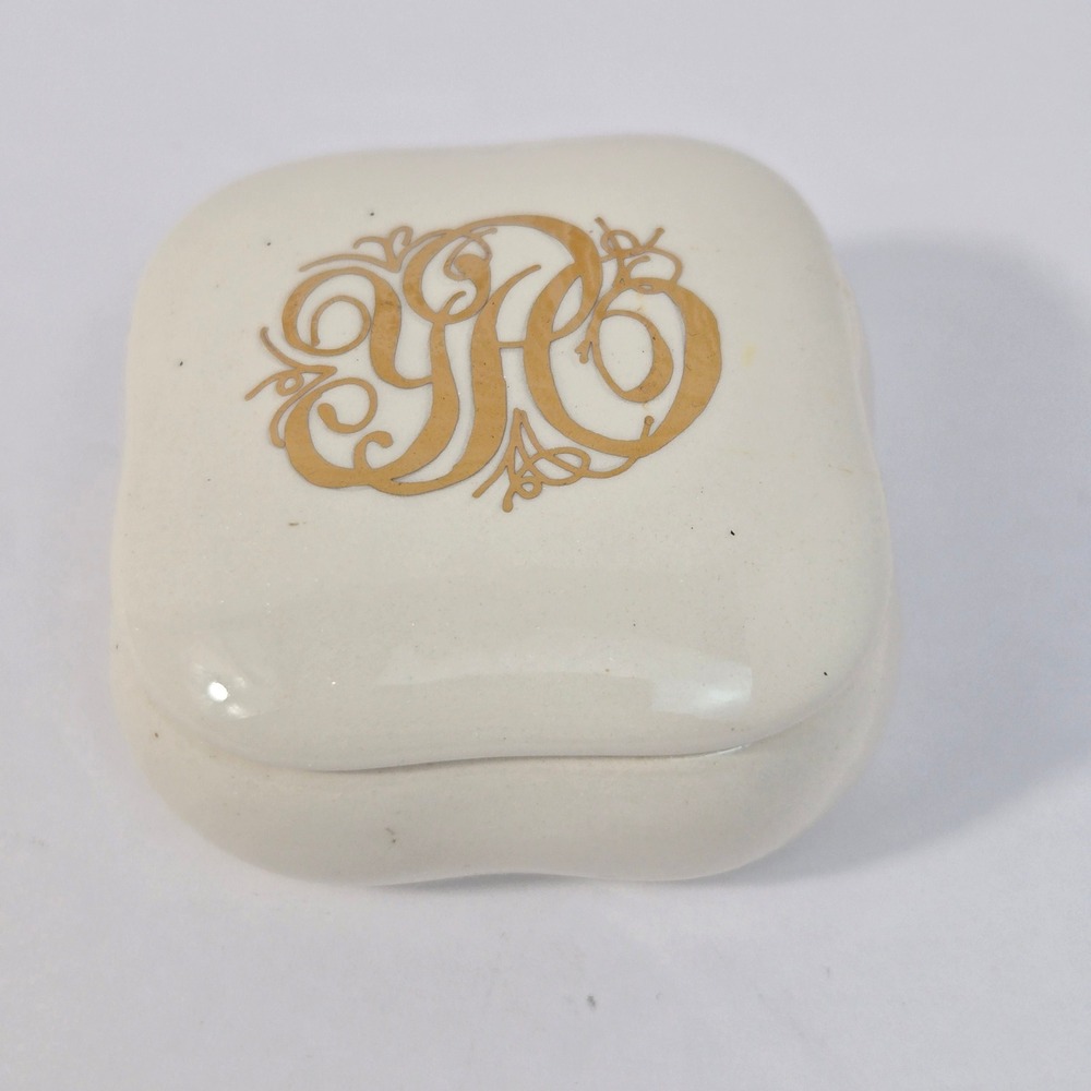 Mardois Vintage Monogrammed Ceramic Trinket Box White Gold Scalloped Jewelry